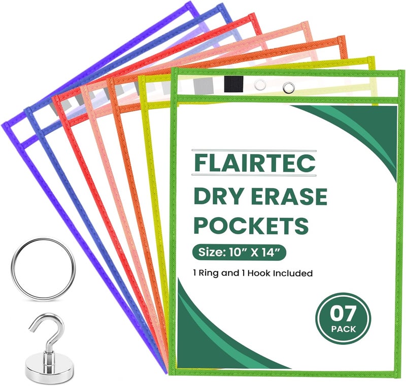 FLAIRTEC 7-Pack Dry Erase Pockets – 10x14 Heavy Duty Sleeves with Cloth Binding – Fits 8.5x11 or 9x12 Worksheets – Includes 1 Ring and 1 Hook – Classroom and Office Use - Image 1